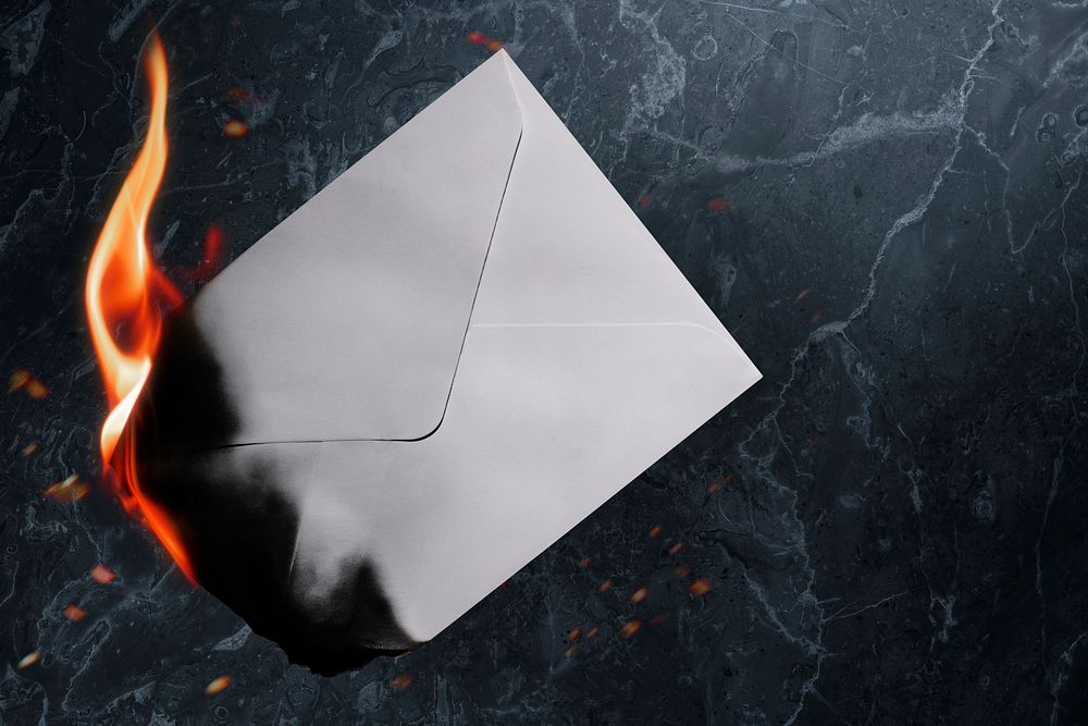 Envelope stationery mockup, aesthetic burning flame effect psd with blank space