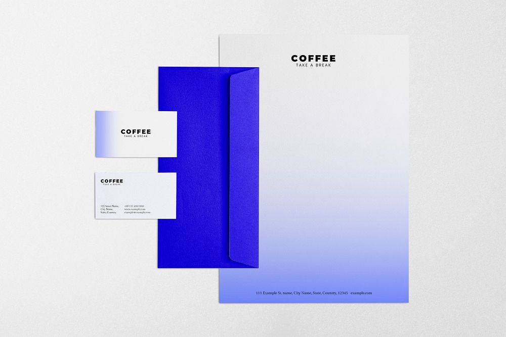 Blue stationery set psd mockup, corporate identity letterhead, envelope and business card