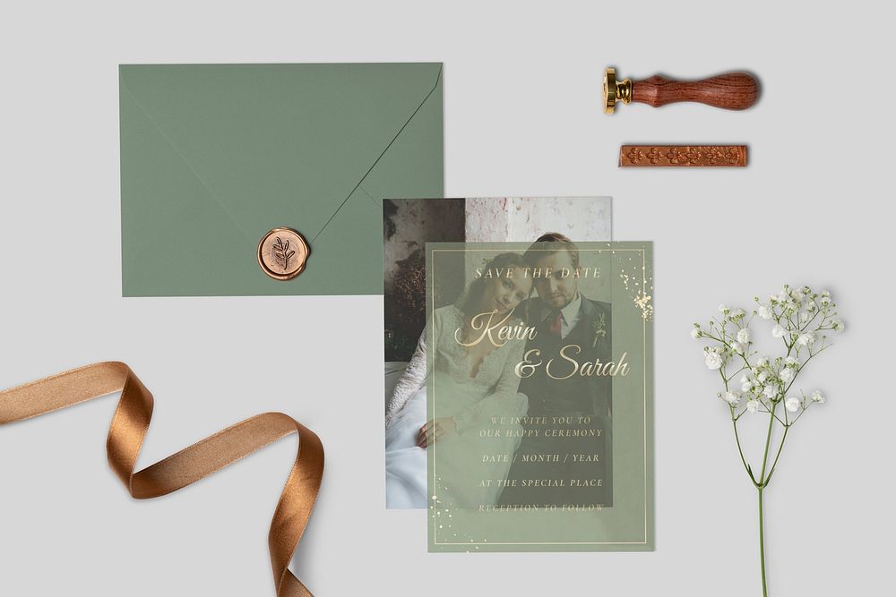 Aesthetic wedding card mockup psd, aesthetic floral design, green envelope