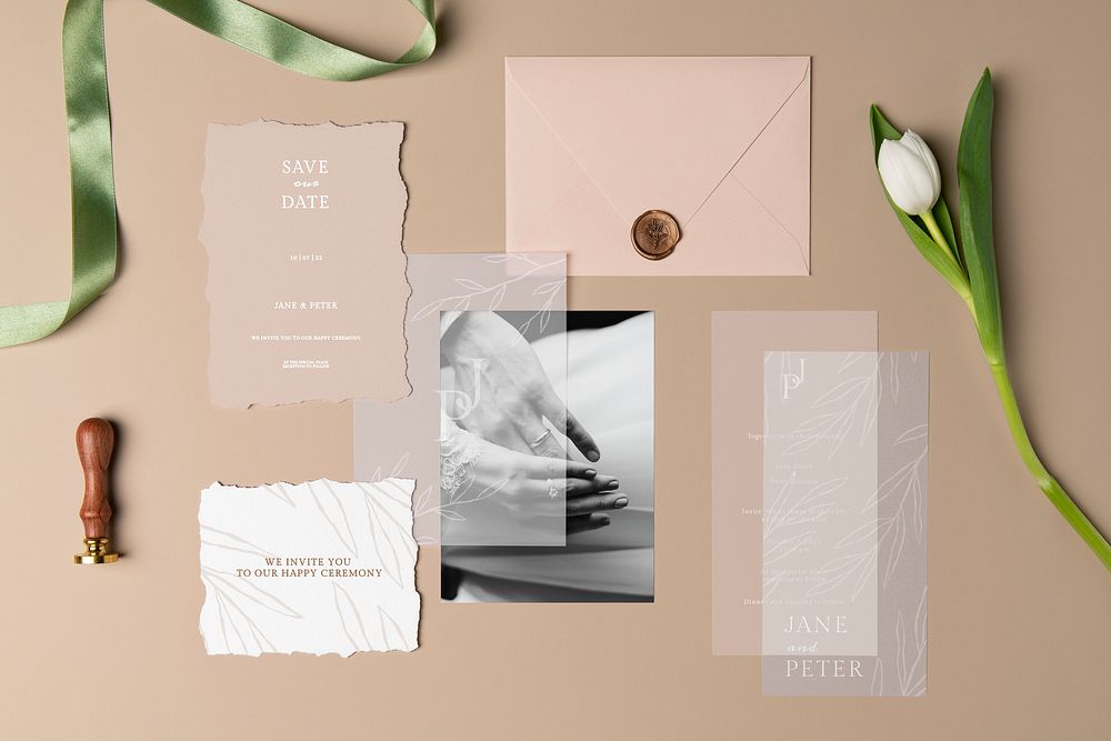 Wedding invitation card mockup psd, aesthetic floral design, pink envelope