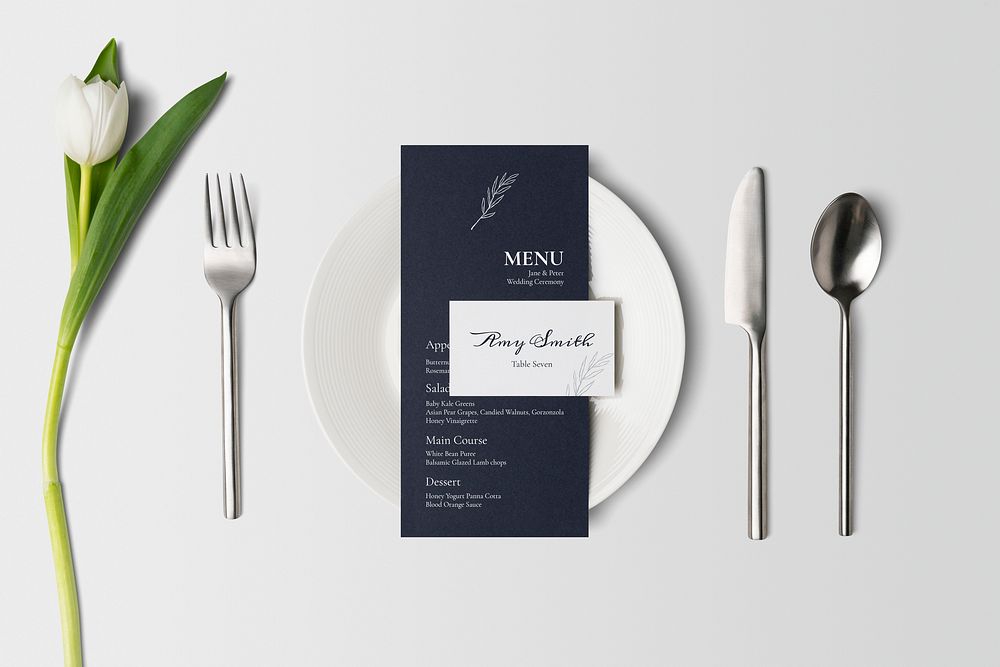 Wedding menu card mockup, flat lay psd