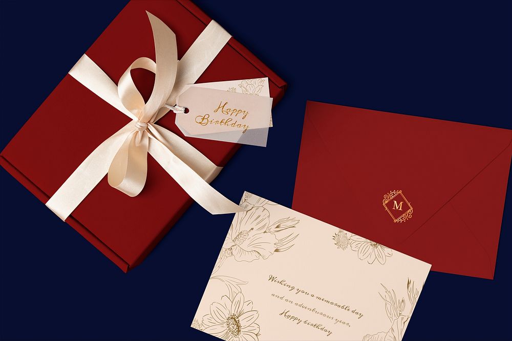 Wishing card mockup, label tag psd, red gift box flat lay design