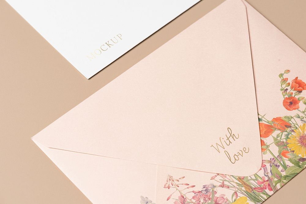 Pink envelope mockup psd, aesthetic flat lay stationery design