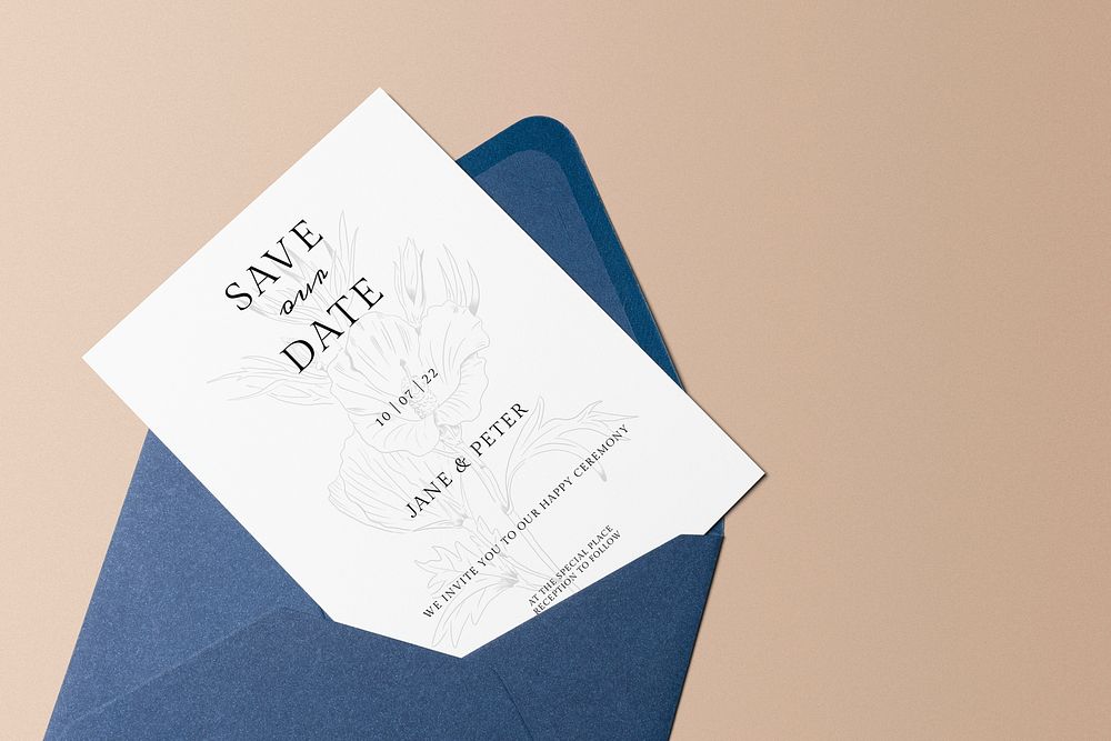 Floral wedding invitation card mockup psd, aesthetic design, blue envelope