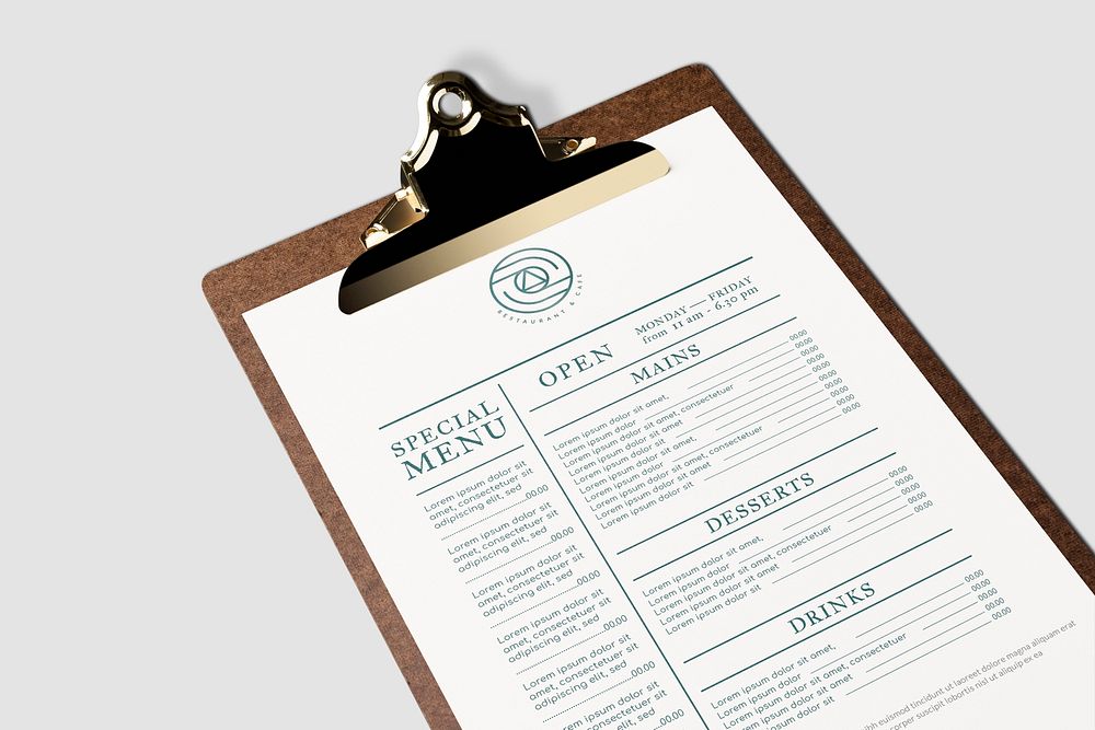 Clipboard menu mockup, paper, restaurant branding psd