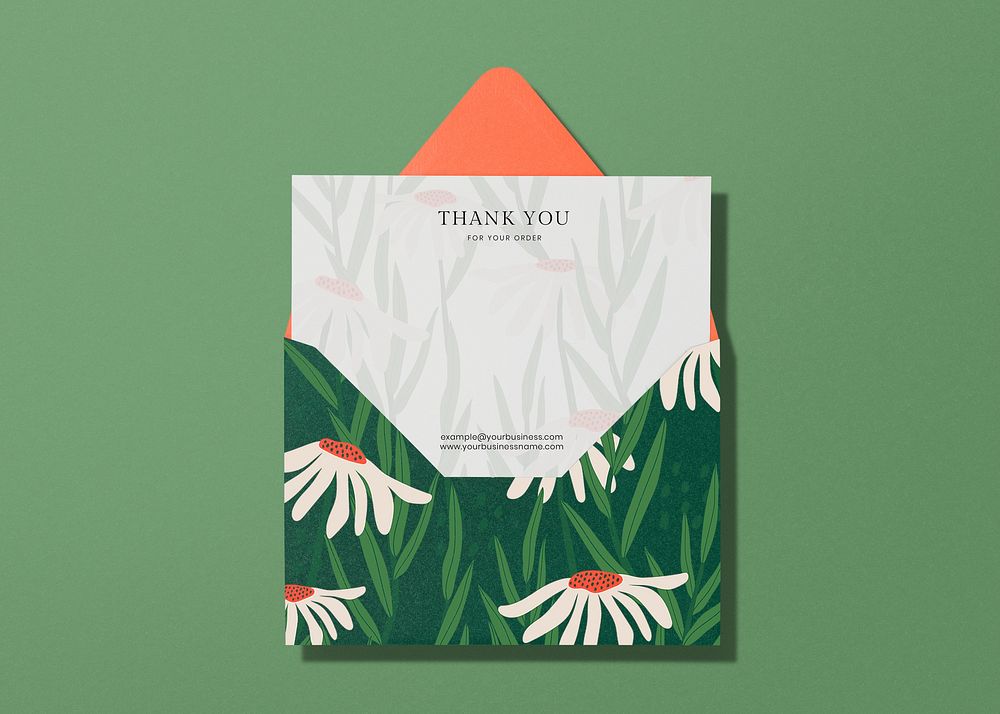 Thank you card mockup, aesthetic stationery, green envelope, flat lay design, psd