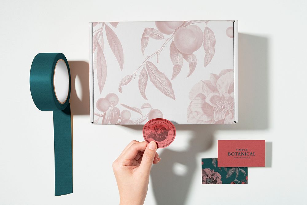 Mailing box mockup, packaging psd, floral pattern box flat lay design