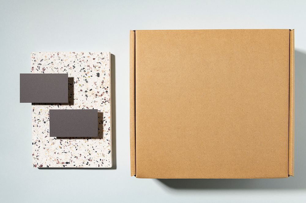 Mailing box, corporate identity flat lay design