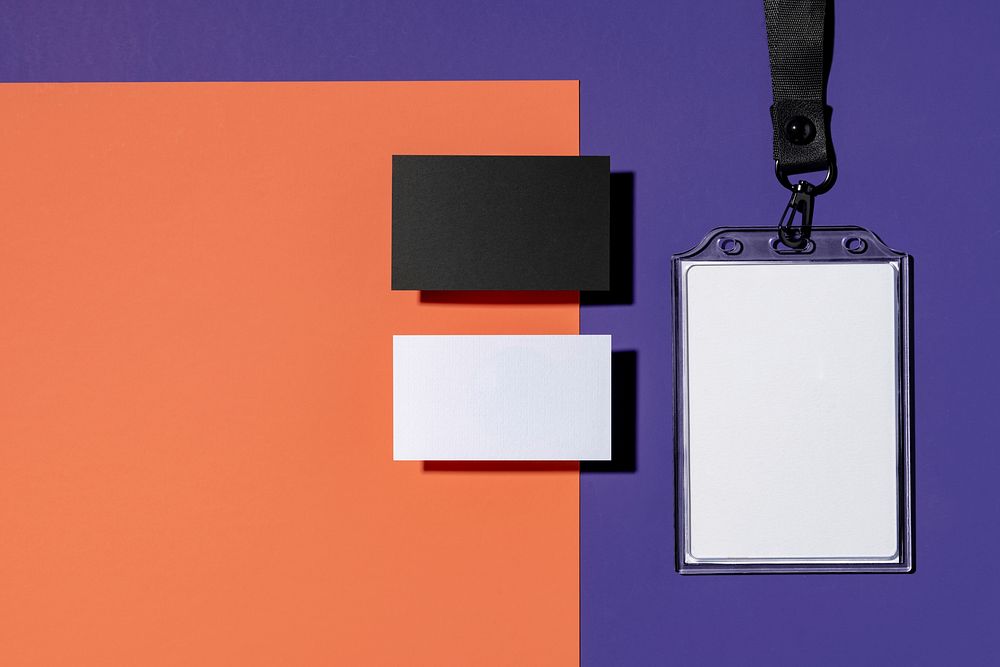 Colorful corporate identity, ID holder, orange blank paper and business card set