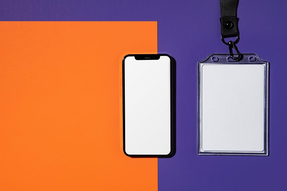 Colorful corporate identity, ID holder, orange blank paper and mobile phone, flat lay design set