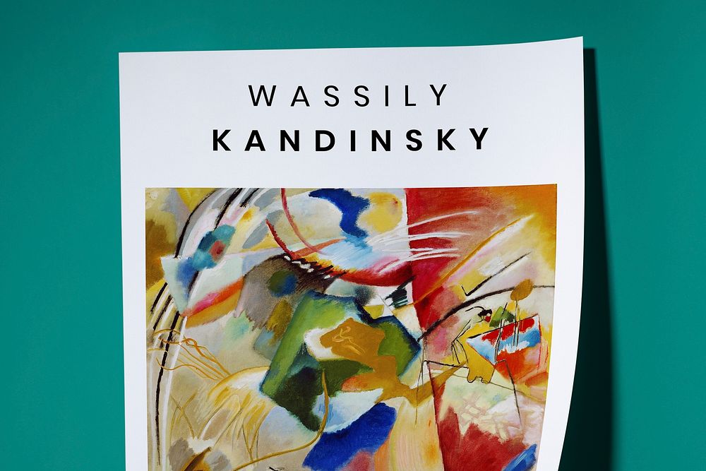 Poster mockup psd, stationery flat lay design, Wassily Kandinsky artwork