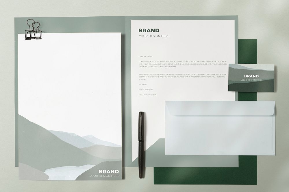 Green corporate identity mockup, professional stationery, business branding, flat lay design