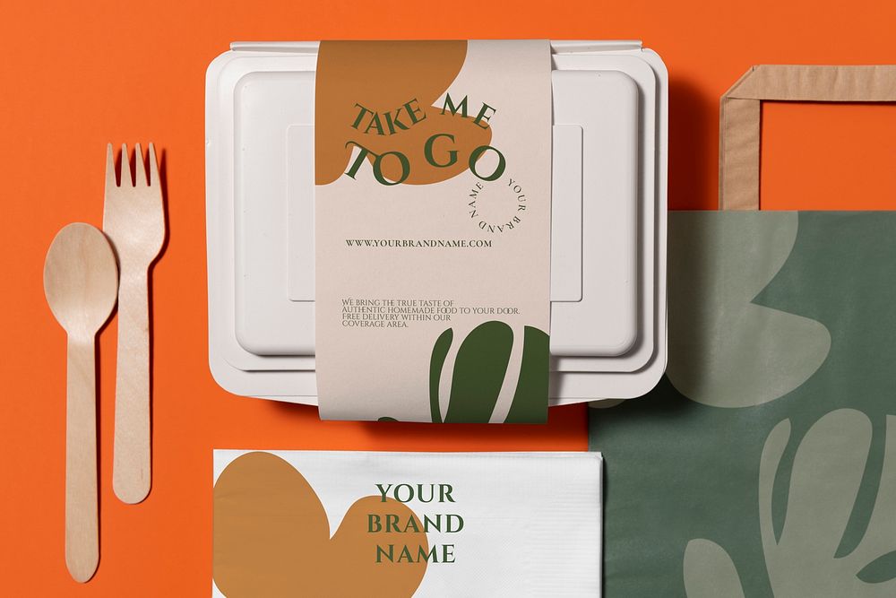 Food packaging mockup, product branding psd, eco-friendly design, flat lay set