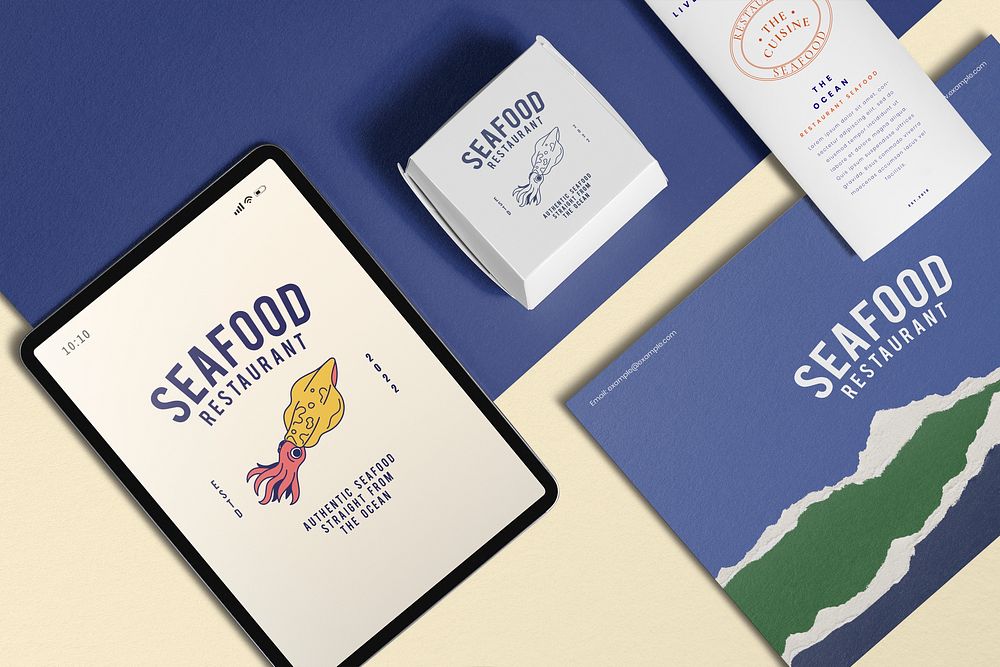 Tablet screen mockup, food packaging, corporate identity with digital device psd