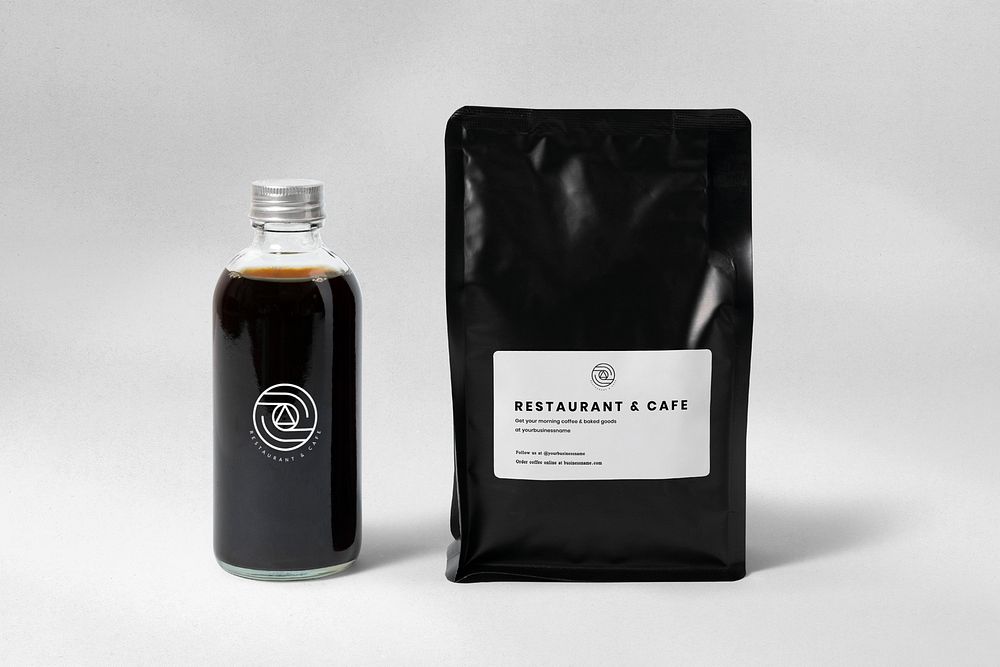 Coffee bottle, bag mockup, beverage product packaging psd