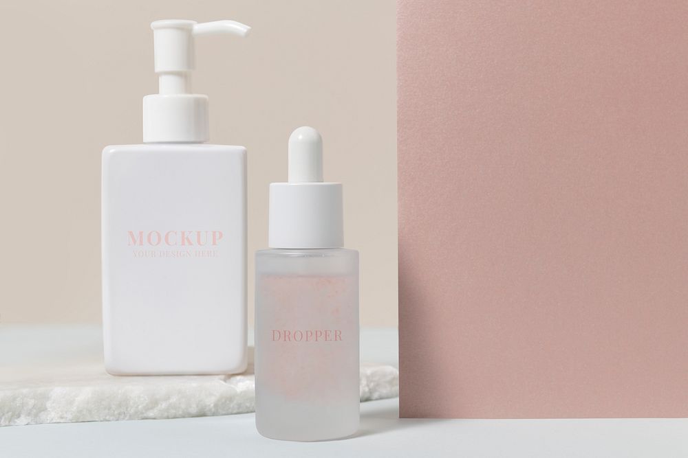 Skincare bottles mockup psd, business branding, cosmetic product packaging design