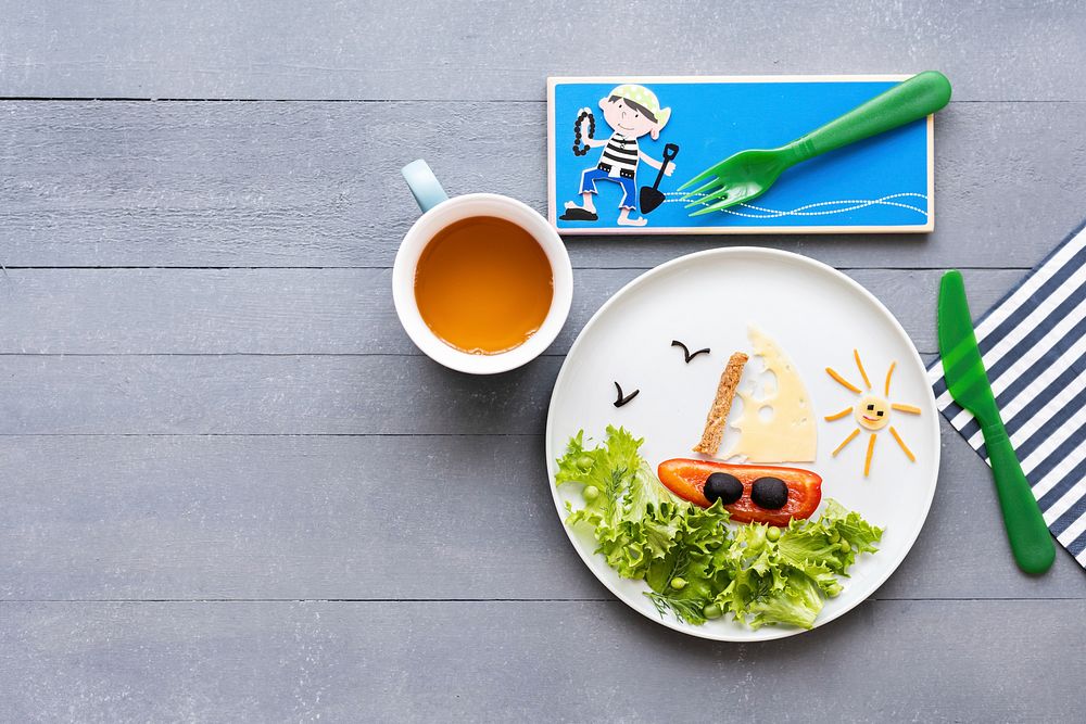 Food art sailboat background, fun kids food