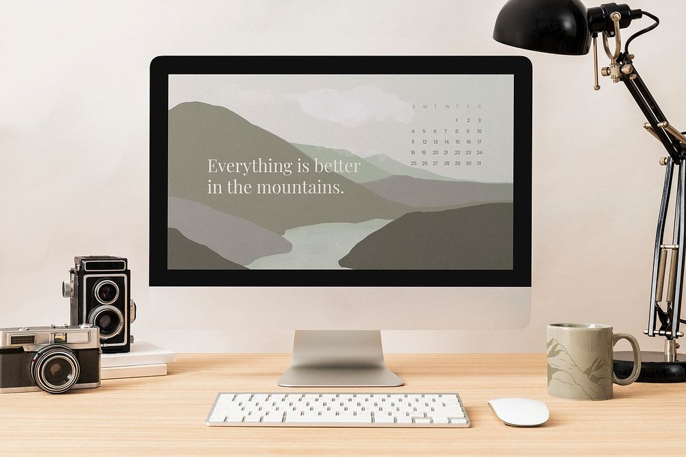 Computer screen mockup psd, minimal workspace with film cameras
