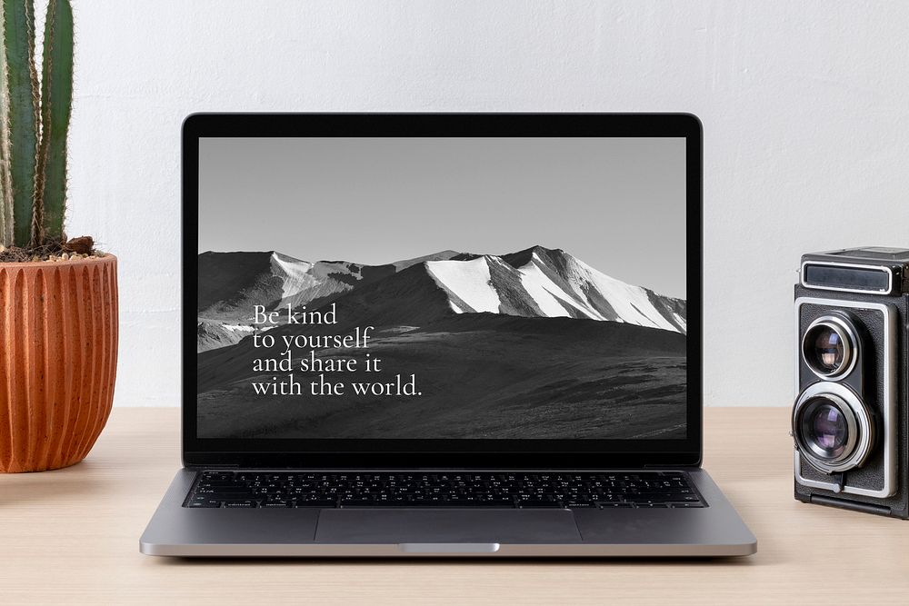 Laptop screen mockup psd, minimal workspace with film cameras