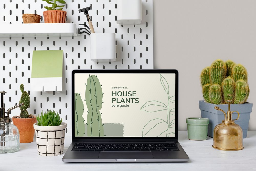 Laptop screen mockup psd, plant lover workspace