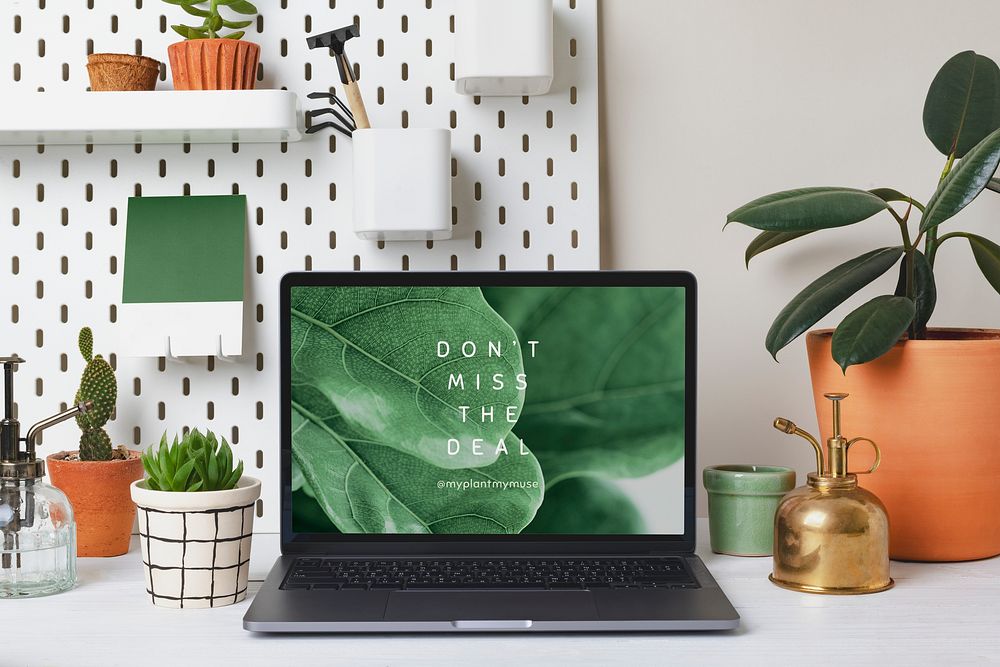 Laptop screen mockup psd, plant lover workspace