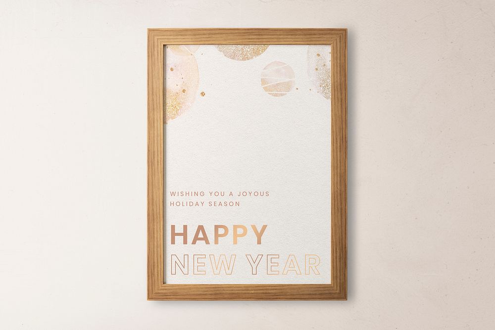 Picture frame mockup psd, simple wooden design, happy new year greetings