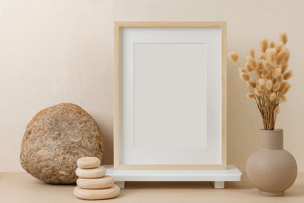 Zen room interior, blank minimal picture frame