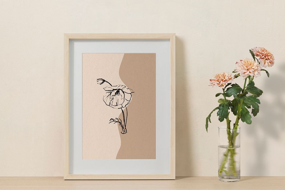 Feminine frame mockup, beige flower line art, psd design