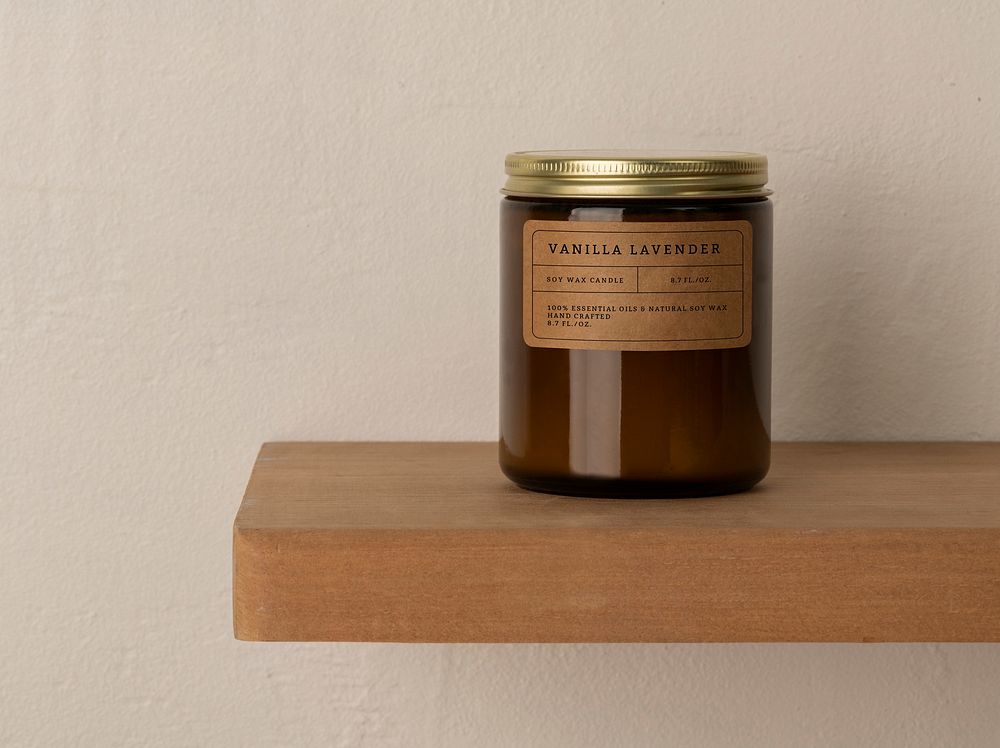 Candle mockup on shelf, aromatic product packaging with psd label