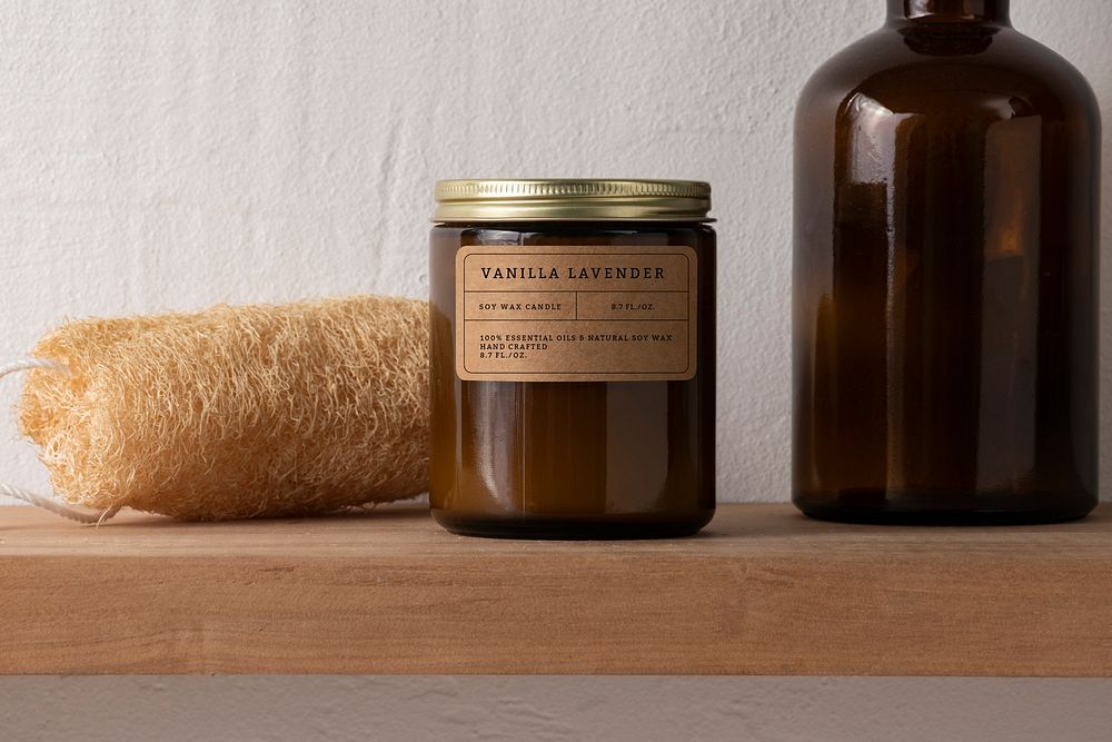 Candle mockup, aromatic spa product packaging with psd label