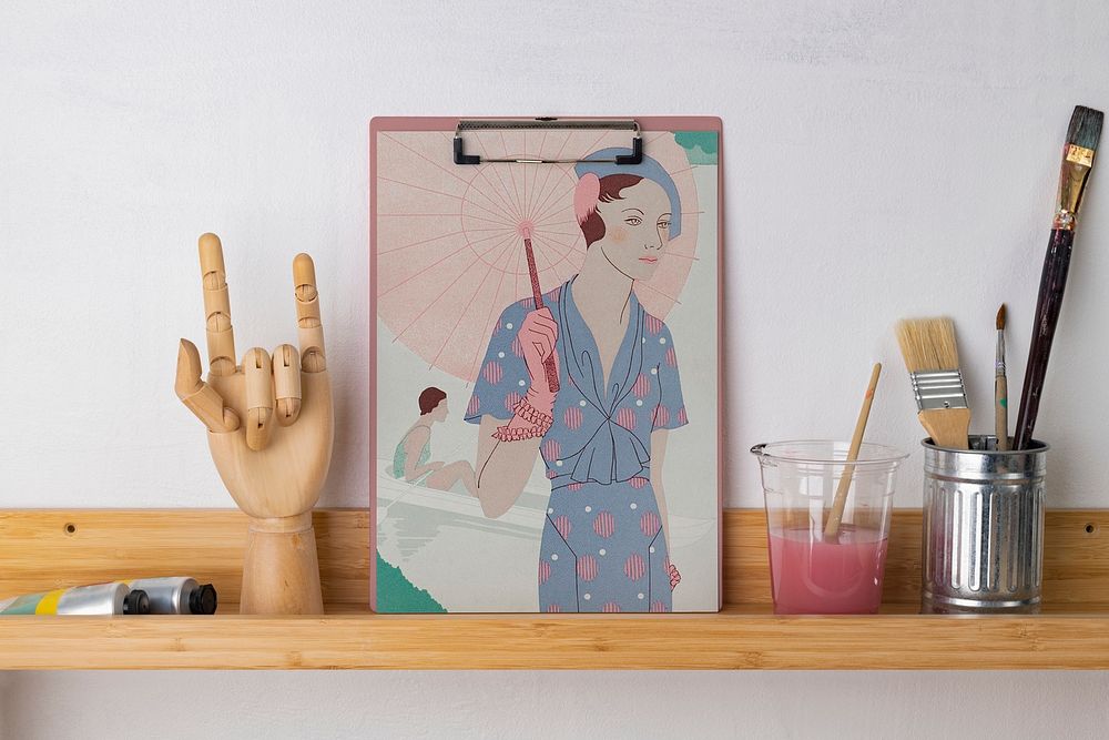 Clipboard mockup psd, vintage art woman illustration, on a shelf
