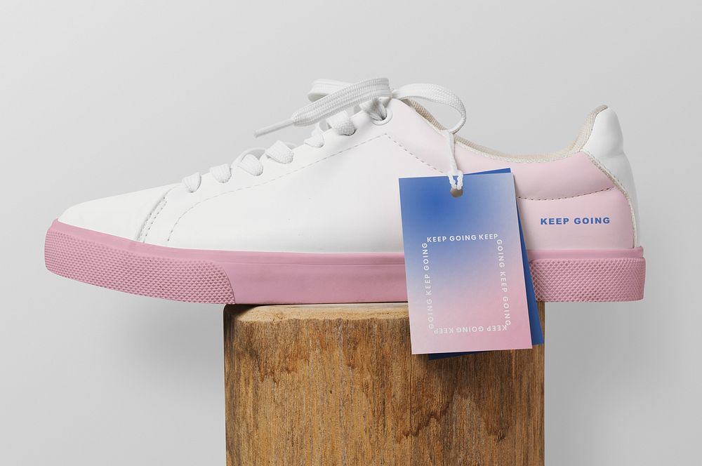 Canvas sneakers label mockup, footwear fashion in pink gradient design psd