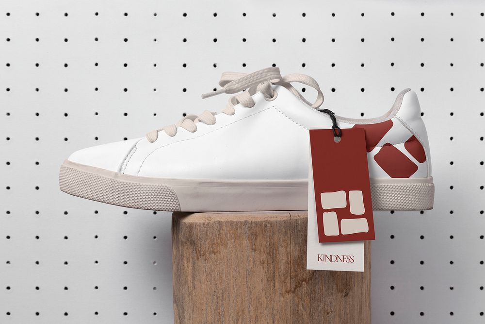 Canvas sneakers label mockup, footwear fashion in abstract design psd