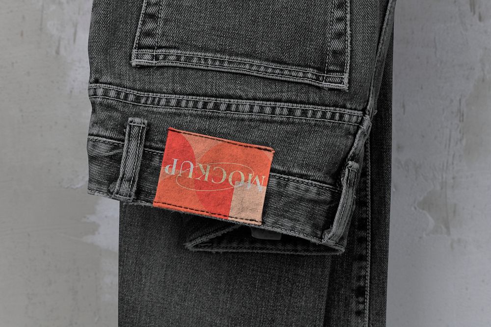 Red jeans label mockup, casual fashion branding psd
