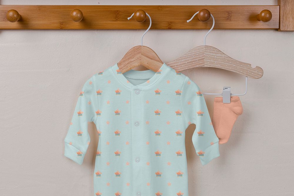 Baby pajamas mockup, kids apparel in blue cute patterned design psd