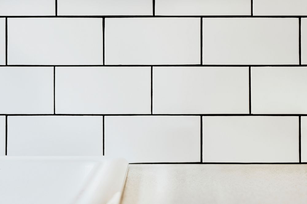 Kitchen wall mockup psd, white tiled product backdrop