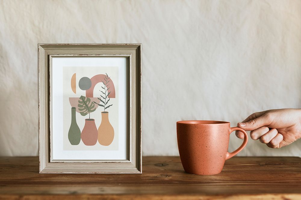 Picture frame & mug mockup, aesthetic home decor psd