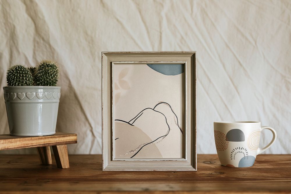 Picture frame & mug mockup, aesthetic home decor psd