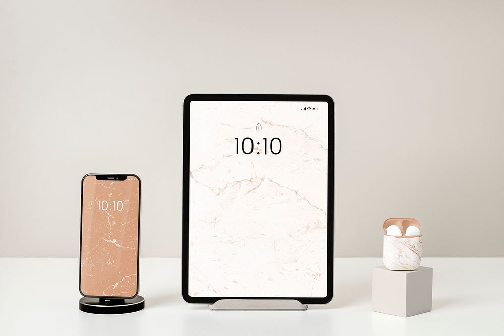 Multi-devices screen mockup, marble phone, tablet & airpods psd