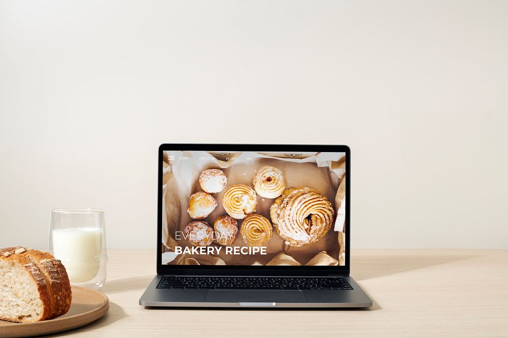 Laptop screen mockup, digital device, aesthetic baker workspace psd