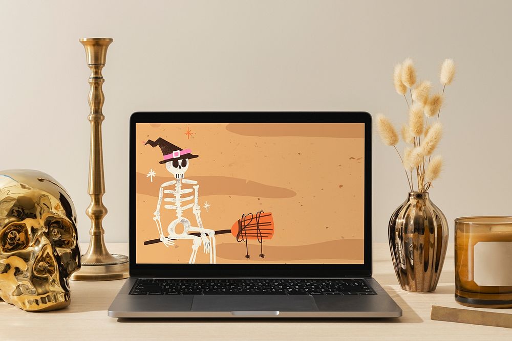 Laptop screen mockup psd, aesthetic Halloween decoration, home interior design