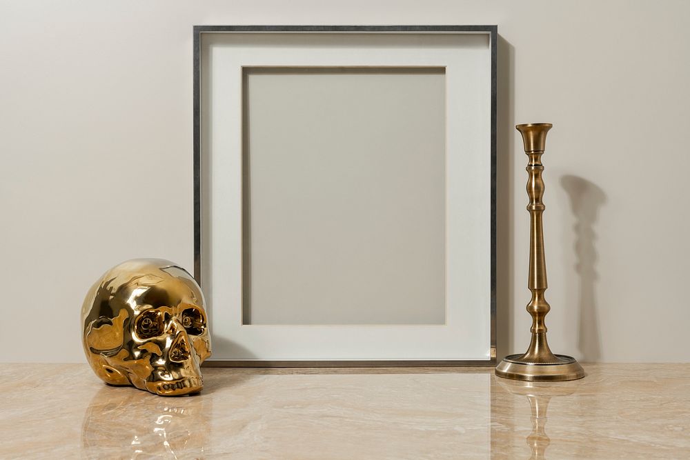 Halloween decoration, blank picture frame, gold skull