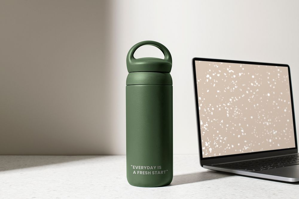 Fitness water bottle mockup, lifestyle essentials psd