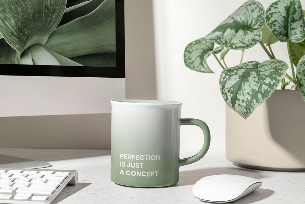 Coffee mug mockup, green product, aesthetic workspace psd