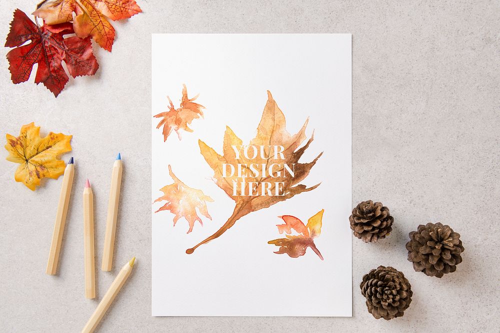 Card mockup psd, autumn stationery, flat lay design