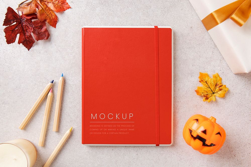 Notebook cover mockup psd, autumn stationery, flat lay design