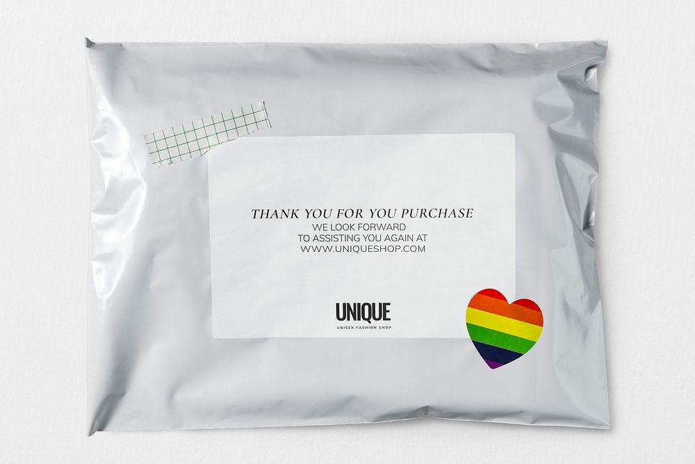 Shipping label mockup, white mailer bag, product packaging design psd