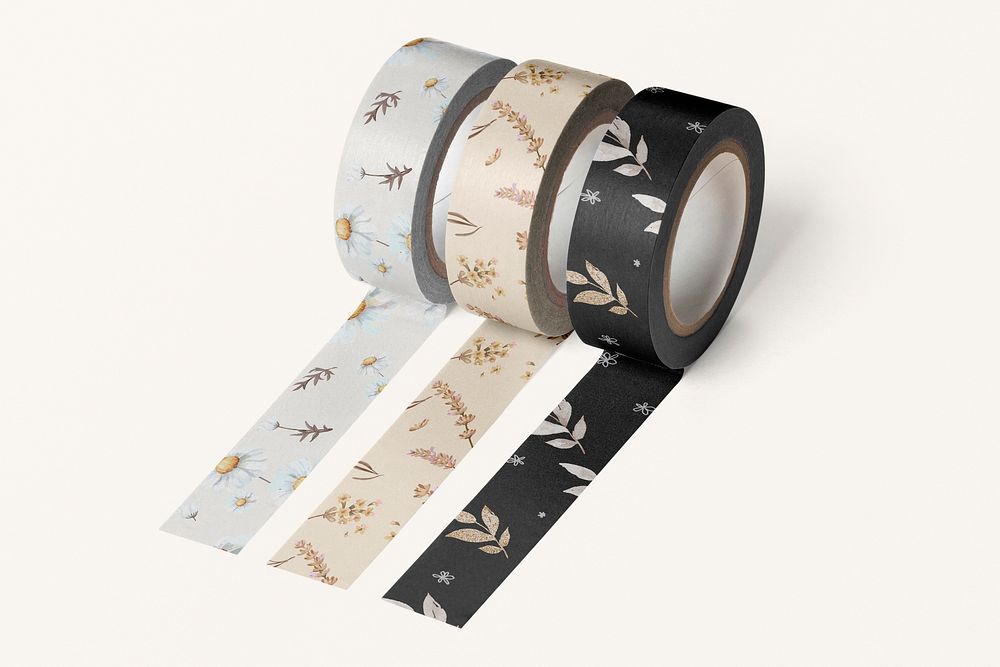 Washi tape roll mockups, floral stationery design psd