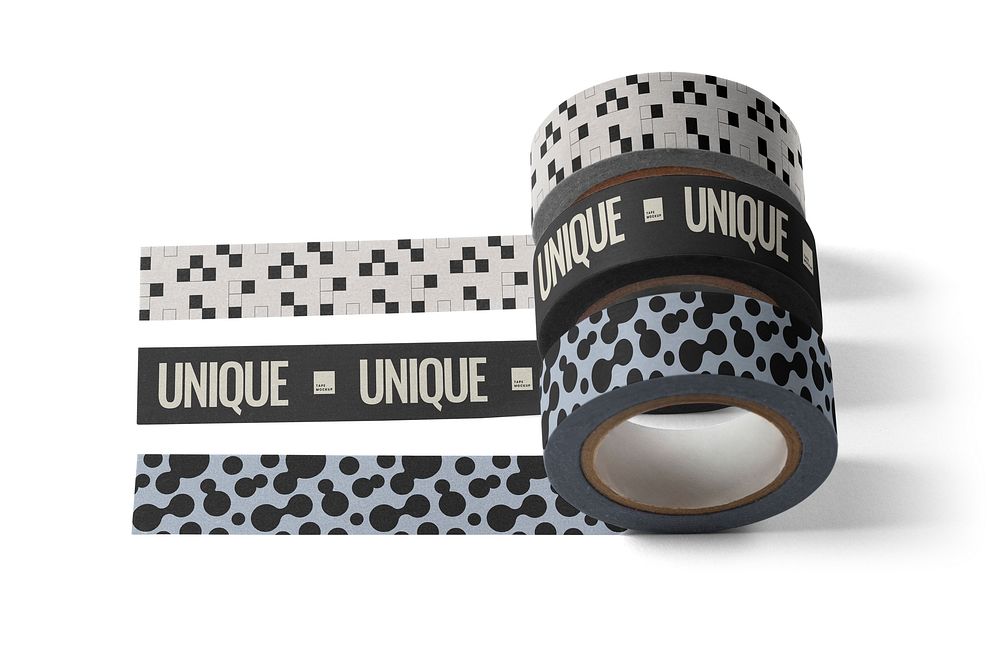 Washi tape roll mockups, black and white stationery design psd