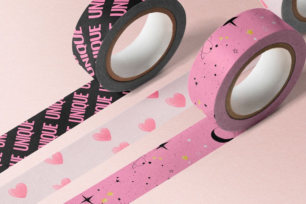 Washi tape roll mockups, pink stationery design psd